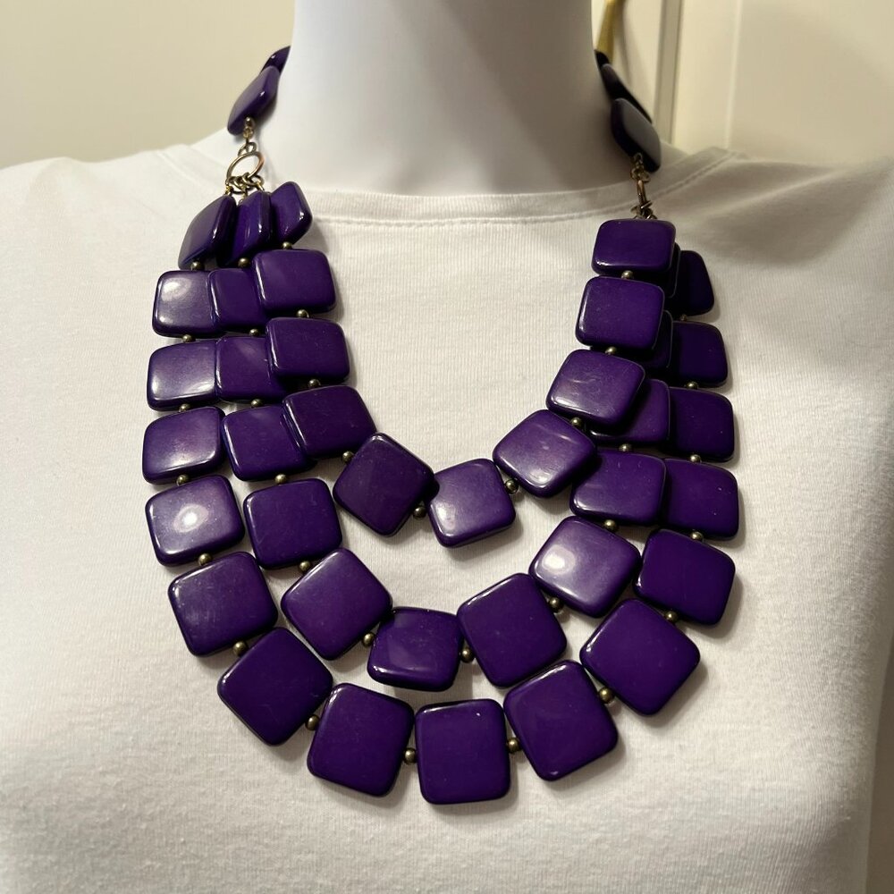 Purple Square 3-Strand Chunky Statement Necklace